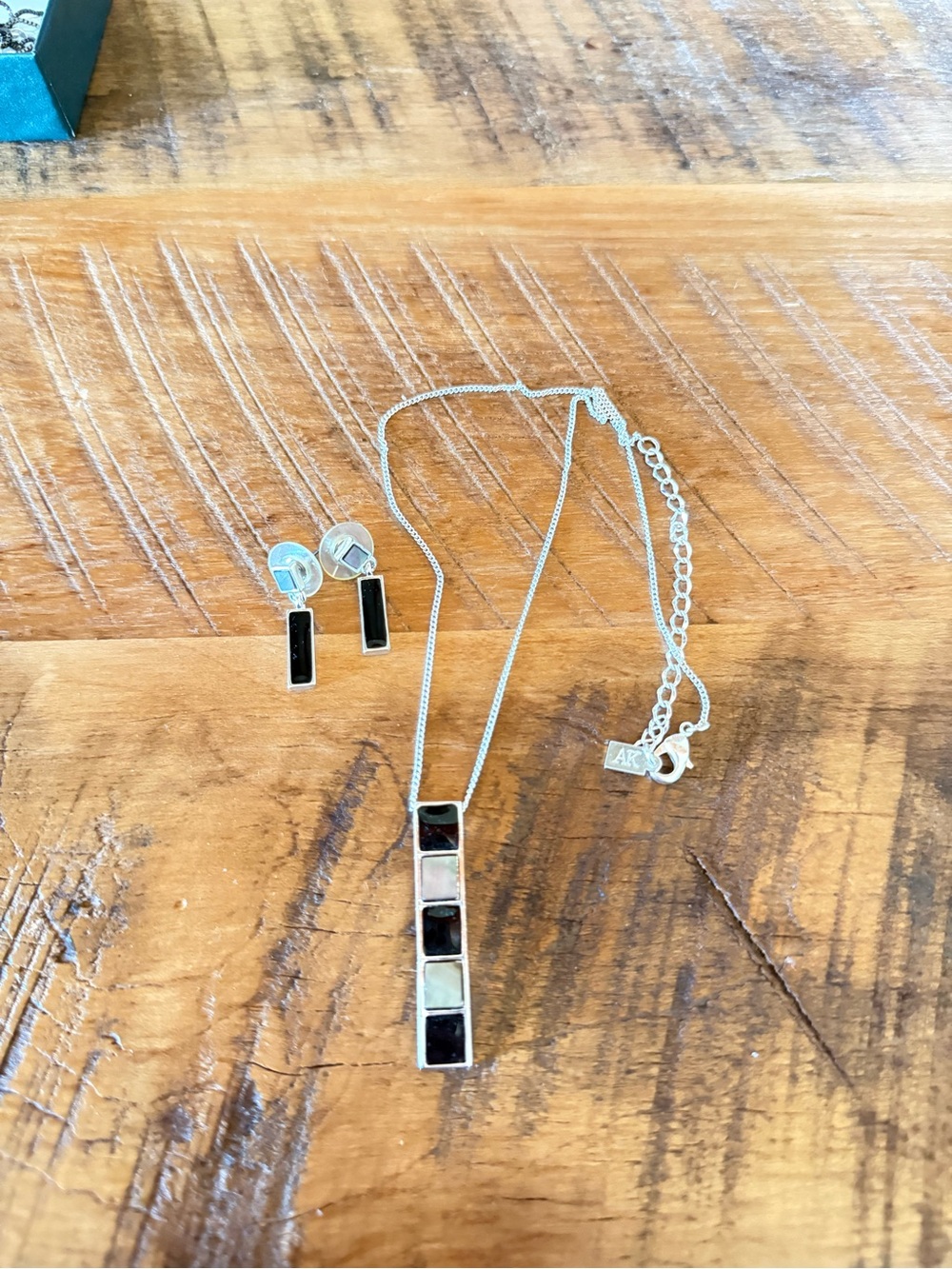 Silver Black Onyx Rectangle Pendant Necklace and Earrings Set
